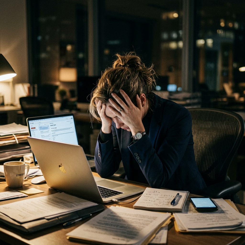Stressed professional at desk